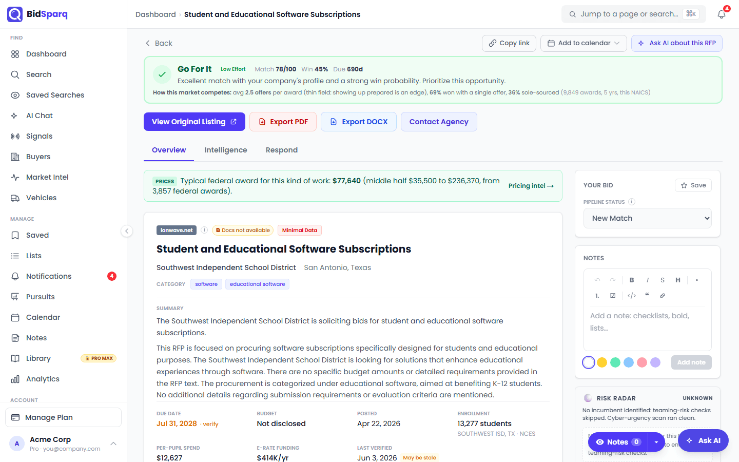 BidSparq RFP detail page: the Go For It recommendation with the match score and win probability, the summary, due date, district data and the notes panel